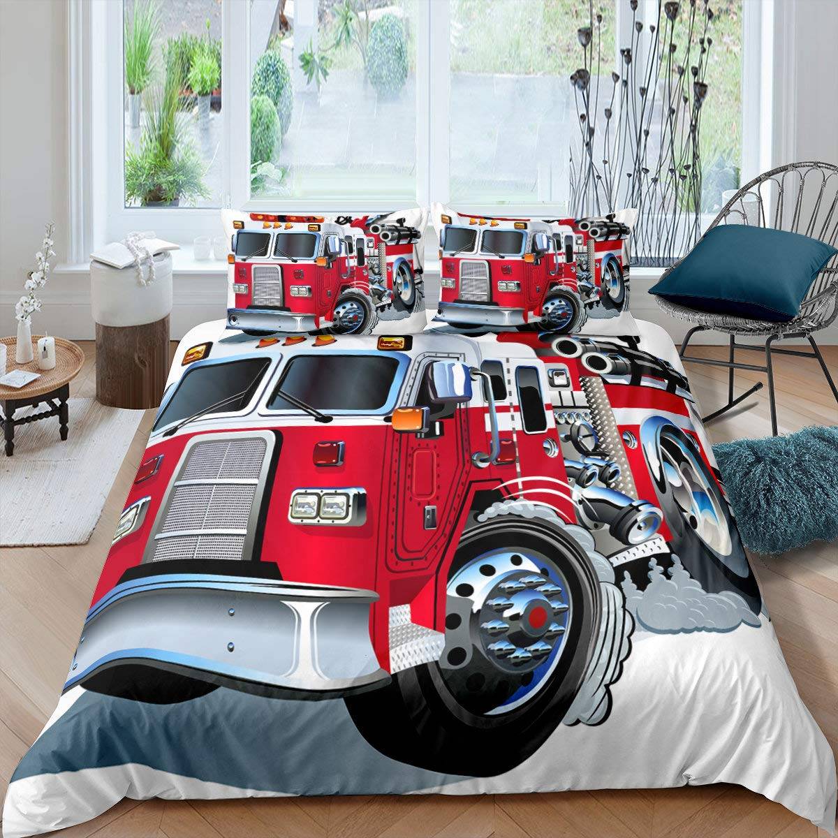 Brandbil Påslakanset Barn Brandmän Bil Fordon Sängkläder Set För Pojkar Brandbil Mönster King Size Täcke Överdrag EU SK(260x220cm)