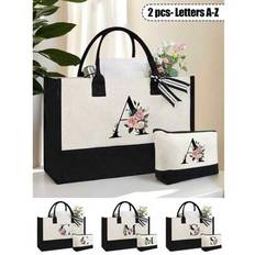 Fashion Joker Black And White/Color Matching Canvas Handbag With Cosmetic Bag, Two Pieces Suit, Rose Flower With Black Letters A-Z, Cosmetic Bag, Pen - Black and White - Multi-size