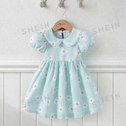 Fransk stil ljusblå blommig babyflick-klänning med prästkragemönster, sommar med Peter Pan-krage, prinsesspuffärmar, brudtärna, dammig blå casual för - Babyblå (6-9M,9-12M,12-18M,18-24M,2-3Y,3-6M)