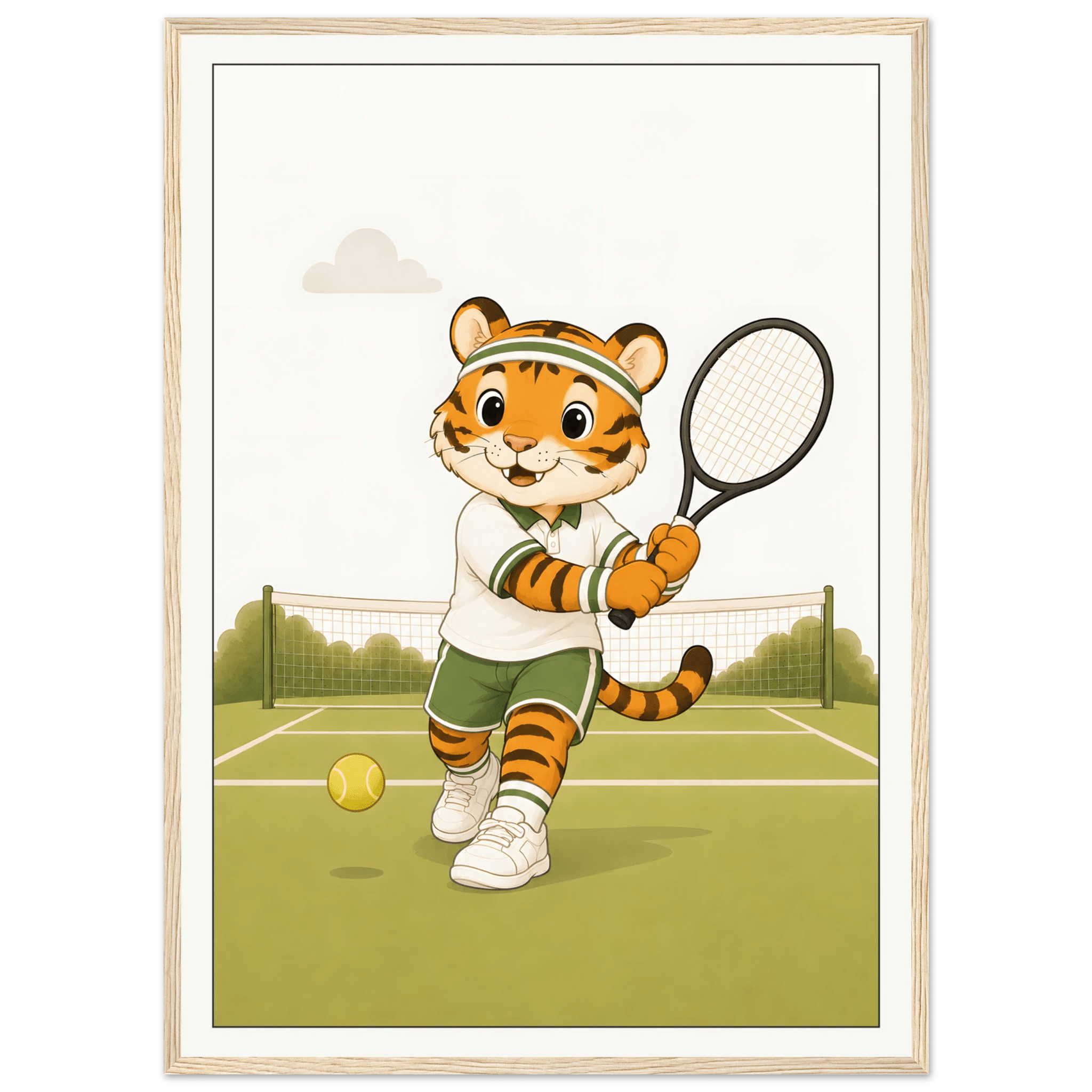 Tiger spelar tennis-50x70 cm / 20x28″ / Med ram / Ljust trä