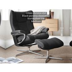 Stressless® Wing medium stol + skammel - sort paloma læder (Cross chrome stel m. sortbejdset træ)