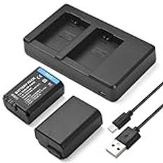 Andoer NP-FW50-kameraladdare och batteripaket med 2 fack batteriladdare + 2 x NP-FW50 7,4 V 1 130 mAh batteri USB-laddningskabel för Sony ZV-E10/Alpha a6500/a6300/a6000/a7s/a7