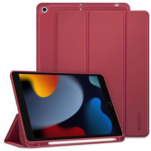 CACOE skal för iPad 9/8/7 generationen med pennhållare 10,2 tums modell 2021/2020/2019, ultratunt skyddsfodral av TPU med stativfunktion för iPad 10.2, rött vin