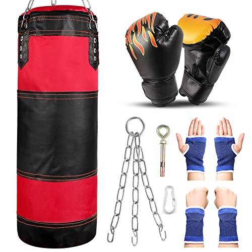 Odoland 7-i-1 boxningssäck ofylld set för barn, 2 FT spark boxning tung väska med 237 ml boxningshandskar, hand- och handledskyddshylsor, boxningssäck, hängande kedjor och krok