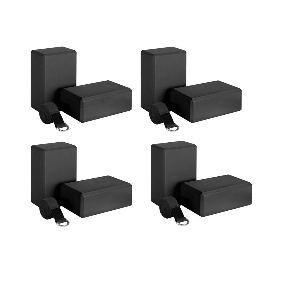 8X Yoga Block and Yoga Strap Set EVA Foam Soft Non-Slip Yoga Blocks Universal Pilates Stretching Black