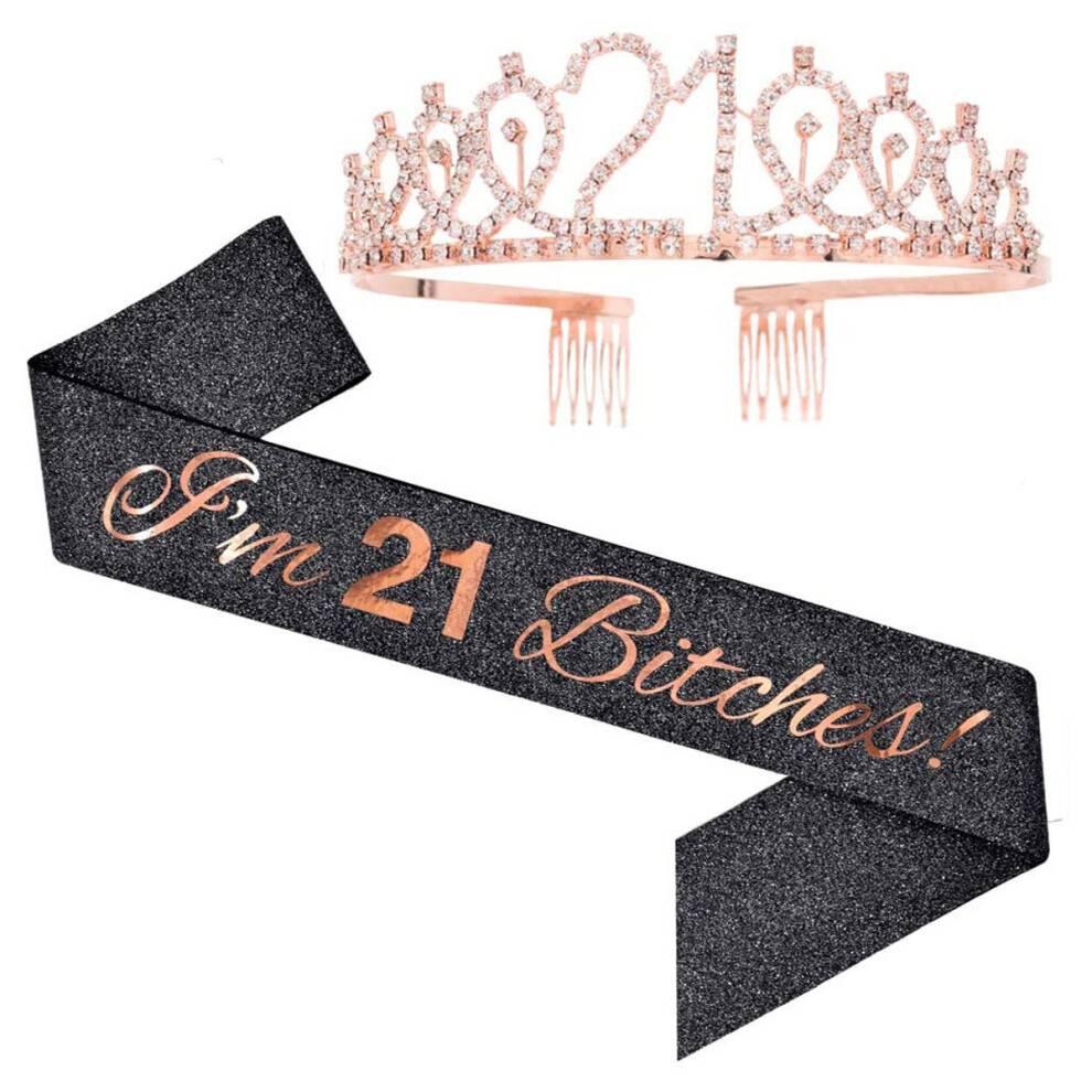 Rosaguld fødselsdagsskærfkronesæt, fødselsdagsfestgaver med glitterstof, justerbar hovedbeklædning, rhinstenshovedbeklædning, elegant