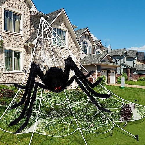 AMLOOPH Halloween Deko Outdoor Garten Gruselig Spinnennetz Groß Set, Spinnennetz Halloween Dekoration 5m + Riesen Halloween Spinne 1.5m +Mini Spinne + Spinnenweben Deko Halloween Party Horror Draußen
