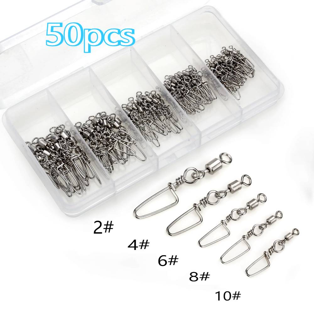 Set Of 50 Stainless Steel Snap Swivels Designed For Fishing, Featuring High-quality Ball Bearing Swivels And Connectors For Easy Attachment Of Lures And Hooks