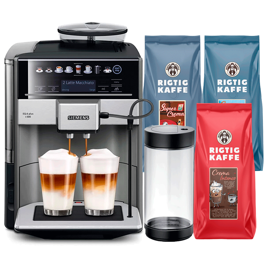 Siemens TE655203RW EQ6 Plus s500 Espressomaskine Inkl. Mælkebeholder & 3kg Rigtig Kaffe Hele kaffebønner