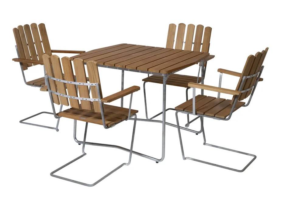 Grythyttan Stålmöbler B31 matgrupp Teak/galvat 4 fåtöljer & bord 84 x 92 cm