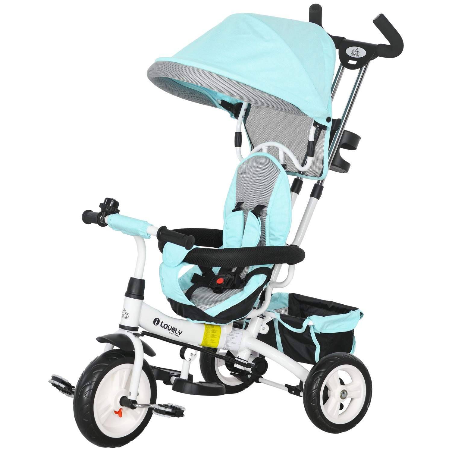 6-i-1 trehjulet børnecykel med skubbestang, tag, bælte, opbevaringskurv, til 1-5 år, grøn