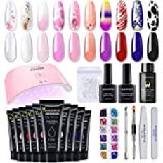 Polygel Nail Kit med Lampa, 10 färger Poly Gel Snabbt Nagelförlängning Gel Builder, Easy Polygel Kit med Sliplösning, Strass, Manikyr Verktyg, DIY French Ombre Nails