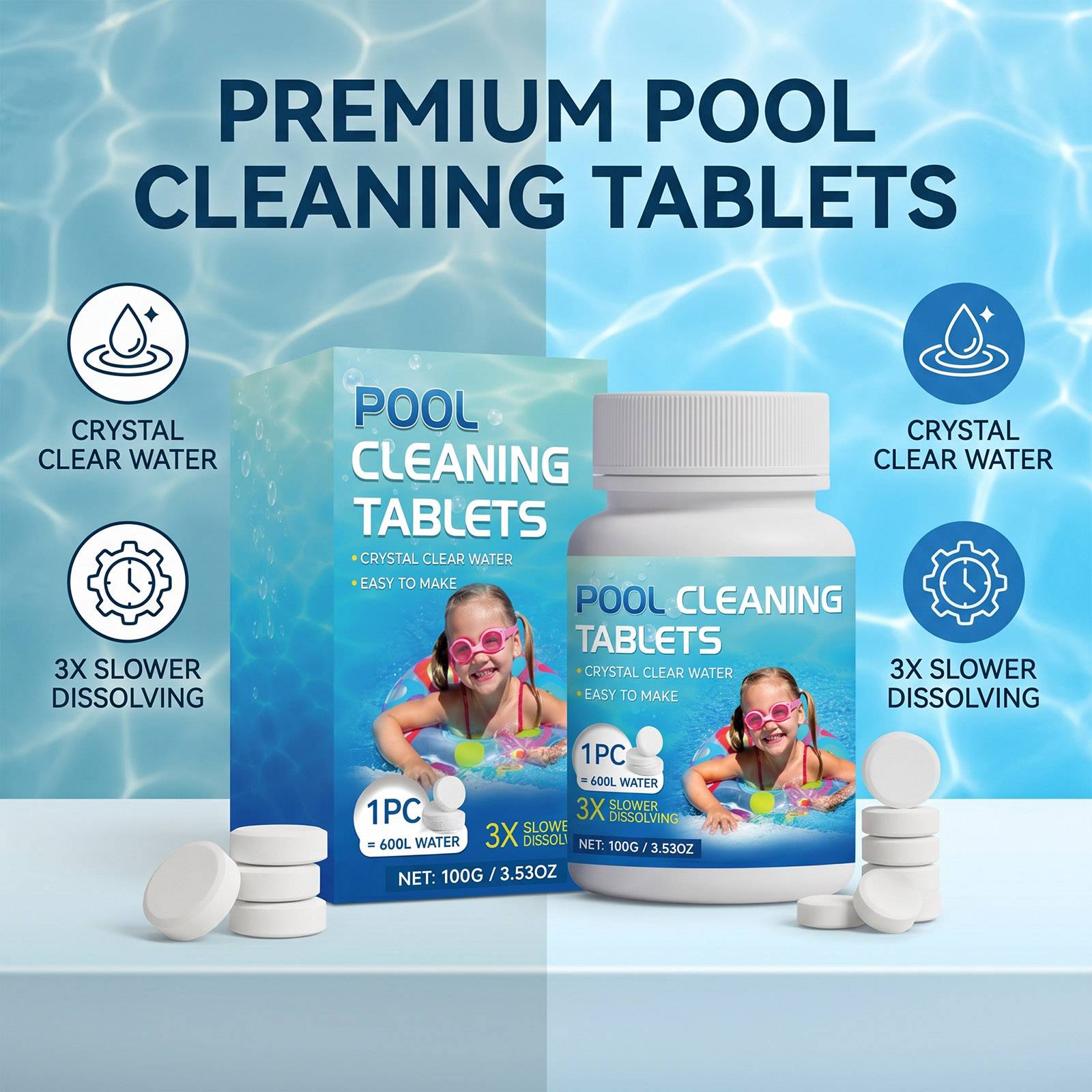 Effervescent Pool Cleaner Tablets Chlorine Shock Algae Stain Remover Water Clarifier Deodorizing Swimming Outdoor Household