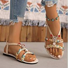 Plus Size Wide-Fit Bohemian Beaded Woven Retro Roman Sandaler, Summer Beach Shoes For Women - Kaki - EUR36,EUR37,EUR38,EUR39,EUR40,EUR41,EUR42,EUR43