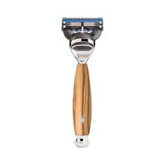 MÜHLE Vivo Systemrasierer kompatibel mit Gillette-Klingen - Griff aus edlem Olivenholz, verchromte Metallakzente