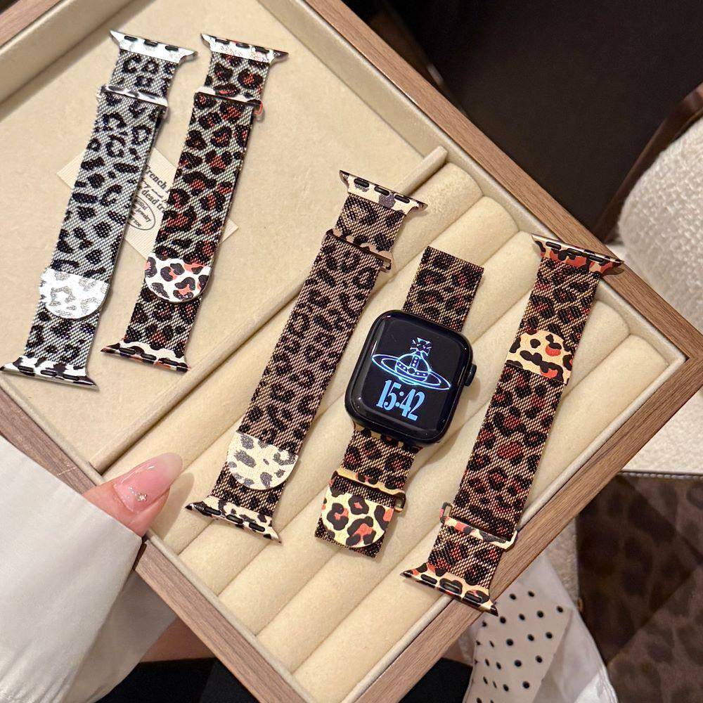 Leopardmönstrat klockarmband för Apple Watch för Apple Watch 1-11/SE/Ultra Rostfritt stål Magnetisk stängning 5 färger 38/40/41/42/44/45/46/49mm black