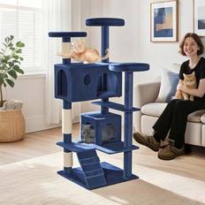 Klösträd typ A 130 cm klättertorn för klösträd med mjuk plysch, sisallindade klösträd, kattgrotta och plattformar, klösträd för stora och små katter, - Mörkgrå