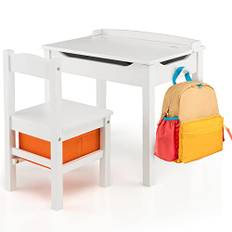 COSTWAY Barnbord med stol, skrivbord i massivt trä med vikbar bordsskiva, låda och krok, aktivitetsbord, barnstolsgrupp med förvaringsram för barn från 3 år (vit)