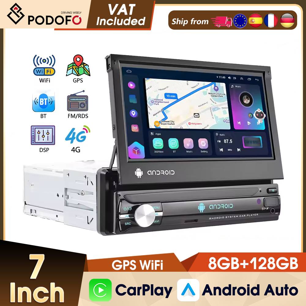 Podofo 8+128G Carplay 1 Din Android Car Multimedia Video Player Rotatable Screen Car Audio GPS Navigation BT WIFI FM receiver