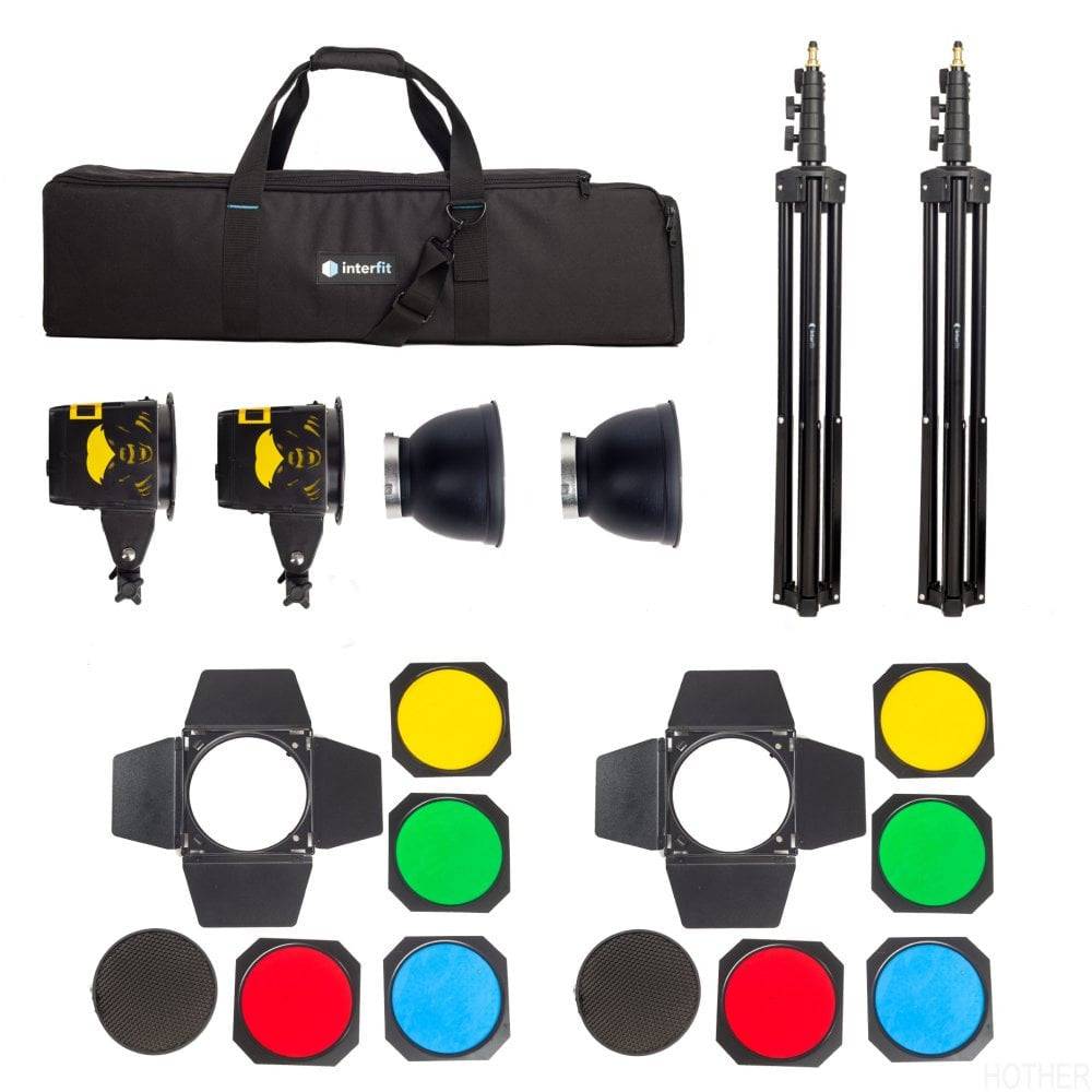 Interfit Badger Beam 60w 2 lamper med Gel Kit og stativer & taske