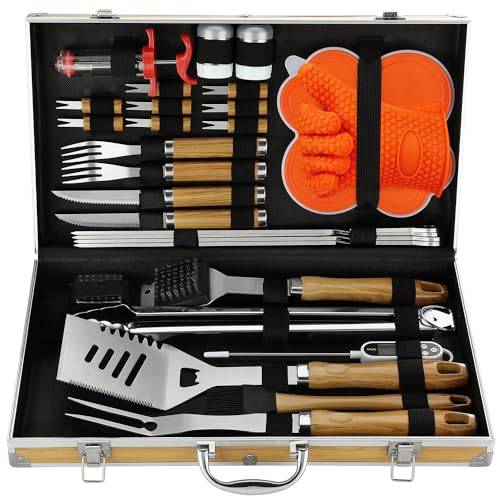 N NOBLE FAMILY 30 Delar Grilltillbehör - Professionell Uppsättning Grillverktyg i Rostfritt Stål - Olika och Kompletta Grillsatser - Utomhus Camping Grillverktyg för Män Kvinnor Present