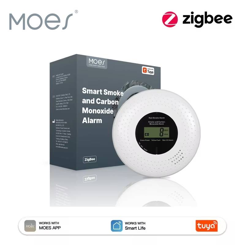 MOES Tuya ZigBee Smoke and Carbon Monoxide Detector 2-in-1 Smart CO Gas Alarm 85dB Siren Home Security App Remote Monitor Sensor