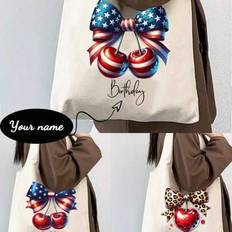 1pc Custom Name And Text Personalized Cherry Element Independence Day Foldable Canvas Tote Bag, Lightweight, Casual, Ideal For Grocery, Party, Decorat - Multicolor
