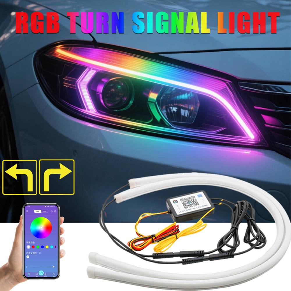2PCS RGB Led Headlight Strip Scan Start Flexible Neon DRL Daytime Running Lights with Sequential Turn Signal Light APP Control