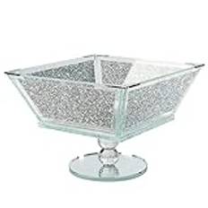 London Boutique Kristall extra stor fruktskål mittdel förvaring gnistrande krossad diamant fylld silver metallram fyrkantig form 18 cm höjd