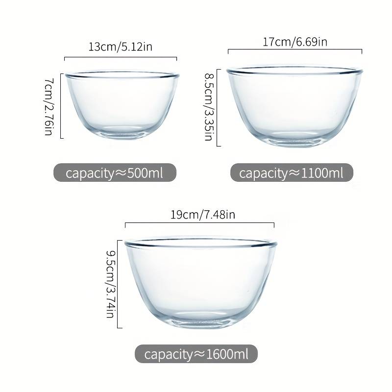 3pcs Set Of Thickened Borosilicate Salad Bowls, Clear Mixing Bowl, Food Grade For Serving, Salads, Baking, Microwave, Oven, Dishwasher Safe