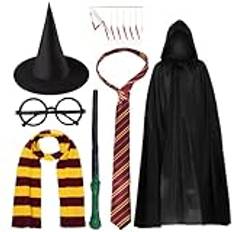 Kavoc Wizard World cosplay outfit röd gul randig halsduk fluga häxa hatt svart glasögon cape för värld bok dag utklädningsmaterial (L)