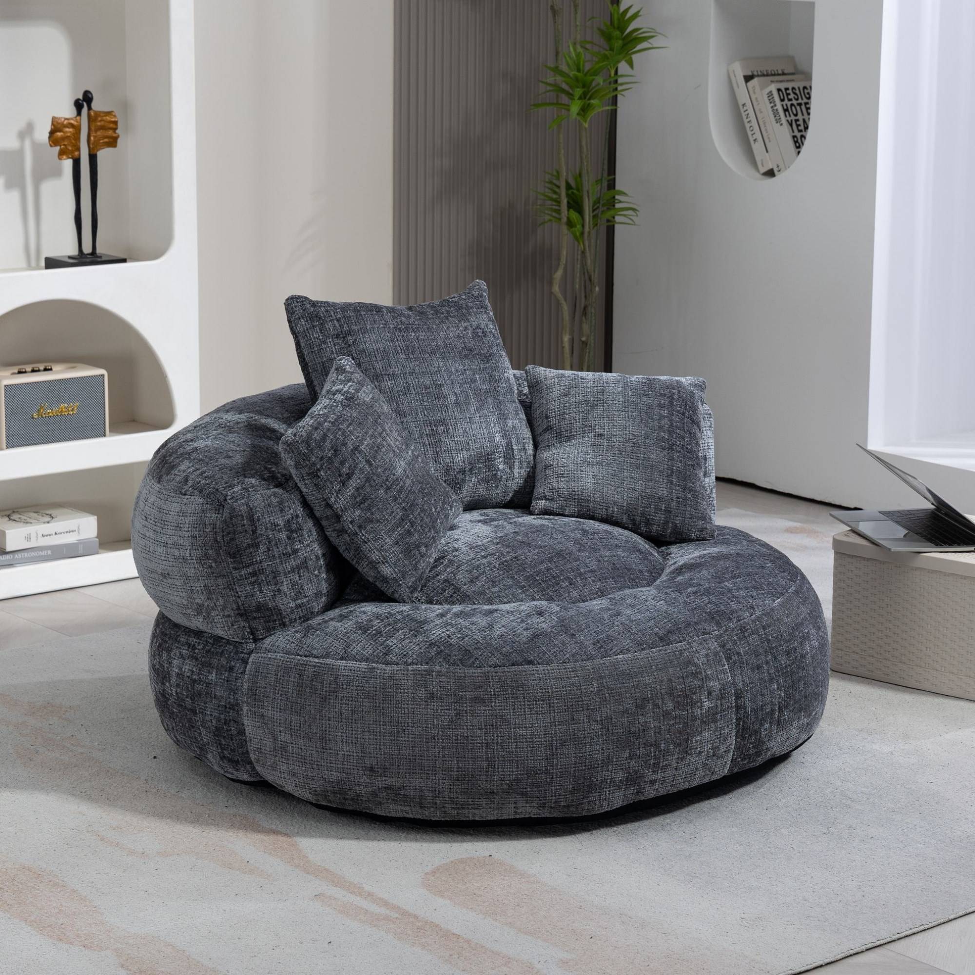 Skin-Friendly Chenille Bean Bag Chair with 3 Pillows, Memory Foam Filling, High Back Lounger for Adults, Kids, 108L x 108W x 52H cm, Gray Aosom UK