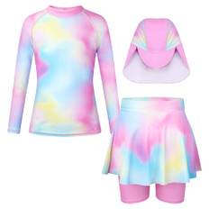 WYTbaby baddräkt flicka 3 stycken UV skyddskläder barn långa ärmar badmode set Rash Guard med volangtrimma badbyxor för flickor 4–9 år, flerfärgad, 7-8 år