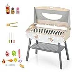 COSTWAY Grillspel för barn, lekkök av trä med klämma och tillbehör, BBQ lekset leksaksgrill för flickor och pojkar från 3 år