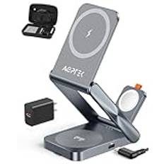 AGPTEK 3 i 1 magnetisk laddningsstation, ultratunn hopfällbar laddare med avtagbar klockladdare, trådlös laddare för iPhone 15/14/13/12-serien, iWatch/AirPods/Galaxy Buds, 18W-kontakt