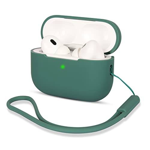 AOTUAO Kompatibel med AirPods Pro 2 fodral, silikon, stötsäkert skyddsfodral för AirPods Pro 2. Generation 2022 fodralskydd med silikonsnodd, främre LED synlig, tallgrön