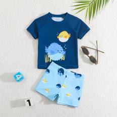 Baby Boys Söt Fisk Print Random Rash Guard & Board Shorts Beach Baddräkt Set - Multifärgad (6-9M,9-12M,12-18M,18-24M,2-3Y)