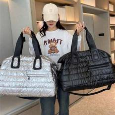 1pc Solid Color Polyester Tote Bag, Zipper Closure Large Capacity Travel Gym Bag, Fashionable And Simple Back To School For Travel Gym Bag For Camping - Black