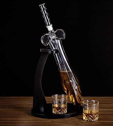 LUJII Heroiskt svärd whiskykaraff, handblåst glasspritbehållare med 2 glas och bricka, alkoholhållare för Bourbon, brandy, present till pappa make, 850 ml