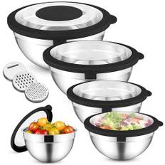 HaWare 5 salladsskålar i rostfritt stål med transparent lufttätt lock och 3 grillrivare, 4,5 l/2,8 L/1,5 L/1,2 L/0,7 l, diskmaskinssäker, svart