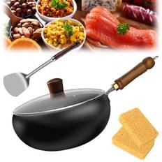 Desouwell Järnpanna, japansk järnpanna med trälock, 24 cm/28 cm obelagd järnpanna, behållare av hög renhet järn, handsmidd non-stick belagd wok (28 cm glaslock)