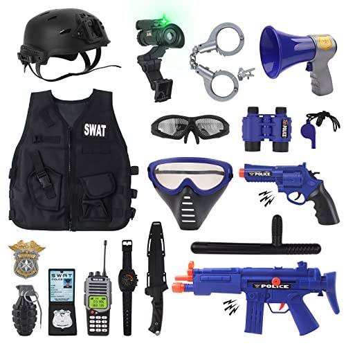 DeAO Polis rollspel set barn, poliskostym barn med väst, hjälm, leksaks violater handbojor walkie talki, polisleksak för barn pojkar karneval halloween