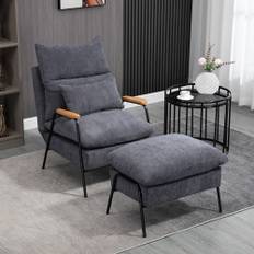 Lænestol med wingback og fodskammel, TV-stol med lænelæn, hynde, polstret stol, TV-stol, grå, 68 x 91,5 x 88 cm