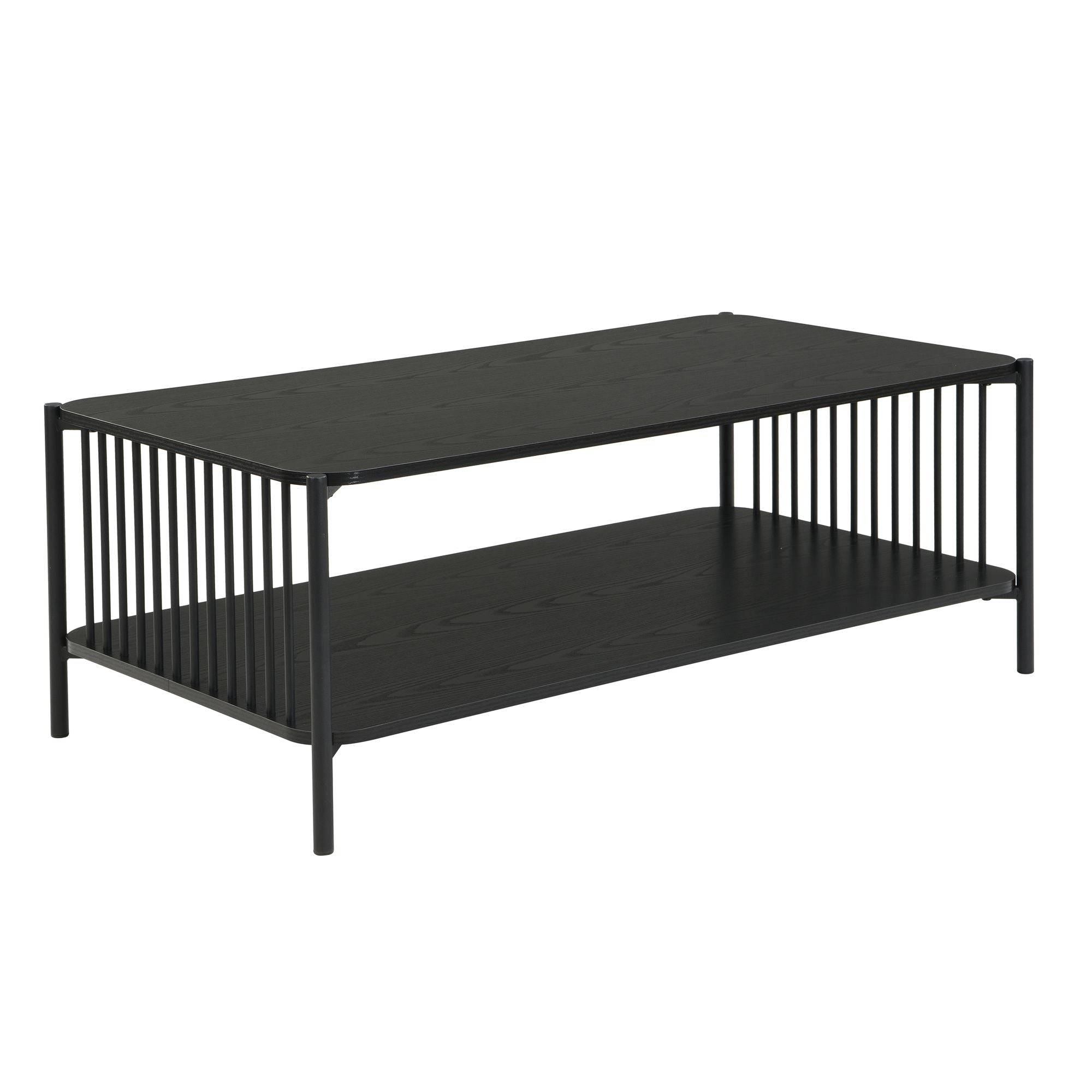 Sofabord i egetræslook med hylde - 110 x 60 cm - Sort metalstel