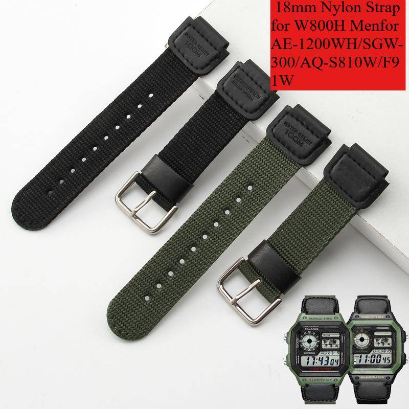 18mm Sportklockarmband i nyloncanvas för Casio SHOCK W800H Män för AE-1200WH/SGW-300/AQ-S810W/F91W Konvex Män Kvinnor Armband svart