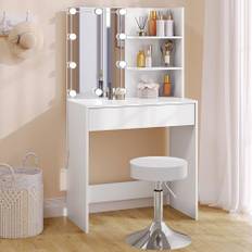 WOLTU Sminkbord med LED-spegel, justerbart ljus, sminkbord med vadderad pall, höjdjusterbar, kamelskåp med låda och öppna hyllor, vit, MB6113ws