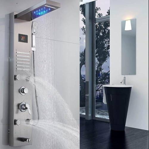 Duschpanel med kran inkl. 6 funktioner duschpanel i rostfritt stål med temperaturdisplay, regndusch, 4 massagemunstycken, handdusch och badutlopp, duschset duschpelare, duschset, borstad