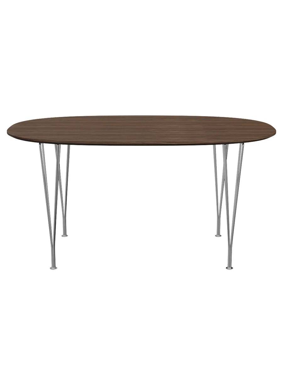 Piet Hein B612 Superellipse spisebord, 150 x 100 cm fra Fritz Hansen Valnød finér m. finérkant - Krom stel - Jacobsen Plus