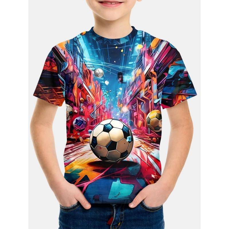 Trendig Fotbollsgraffiti 3D-tryckt T-shirt För Pojkar Barnkläder Barn Pojkkläder Kortärmad Real Madrid Tröja Toppar 2024 cm beige
