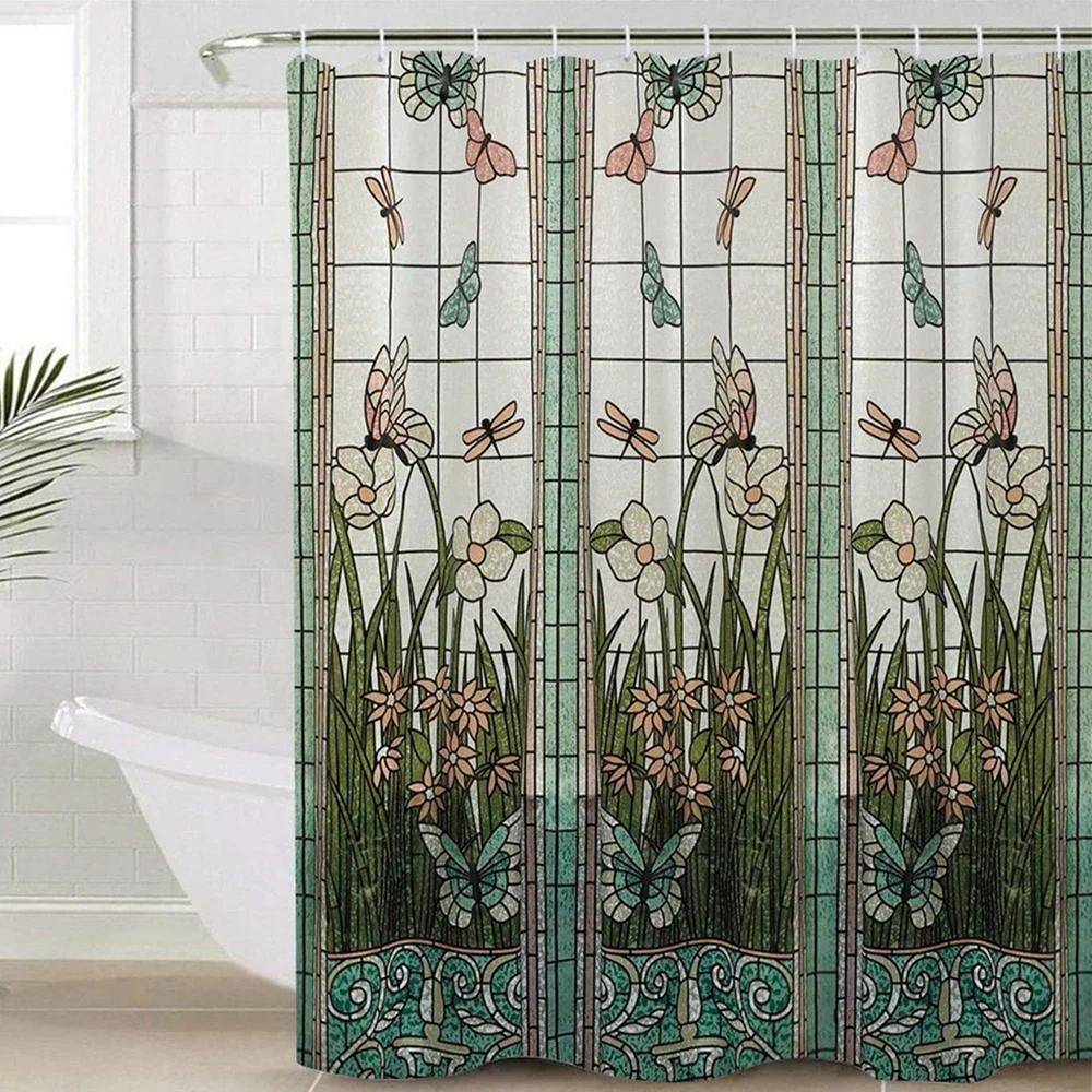 Vattentät Duschdraperi Målat Glas Ängsblomma Trollslända Polyestertyg Badgardin Hem el Badrum Duschdraperi